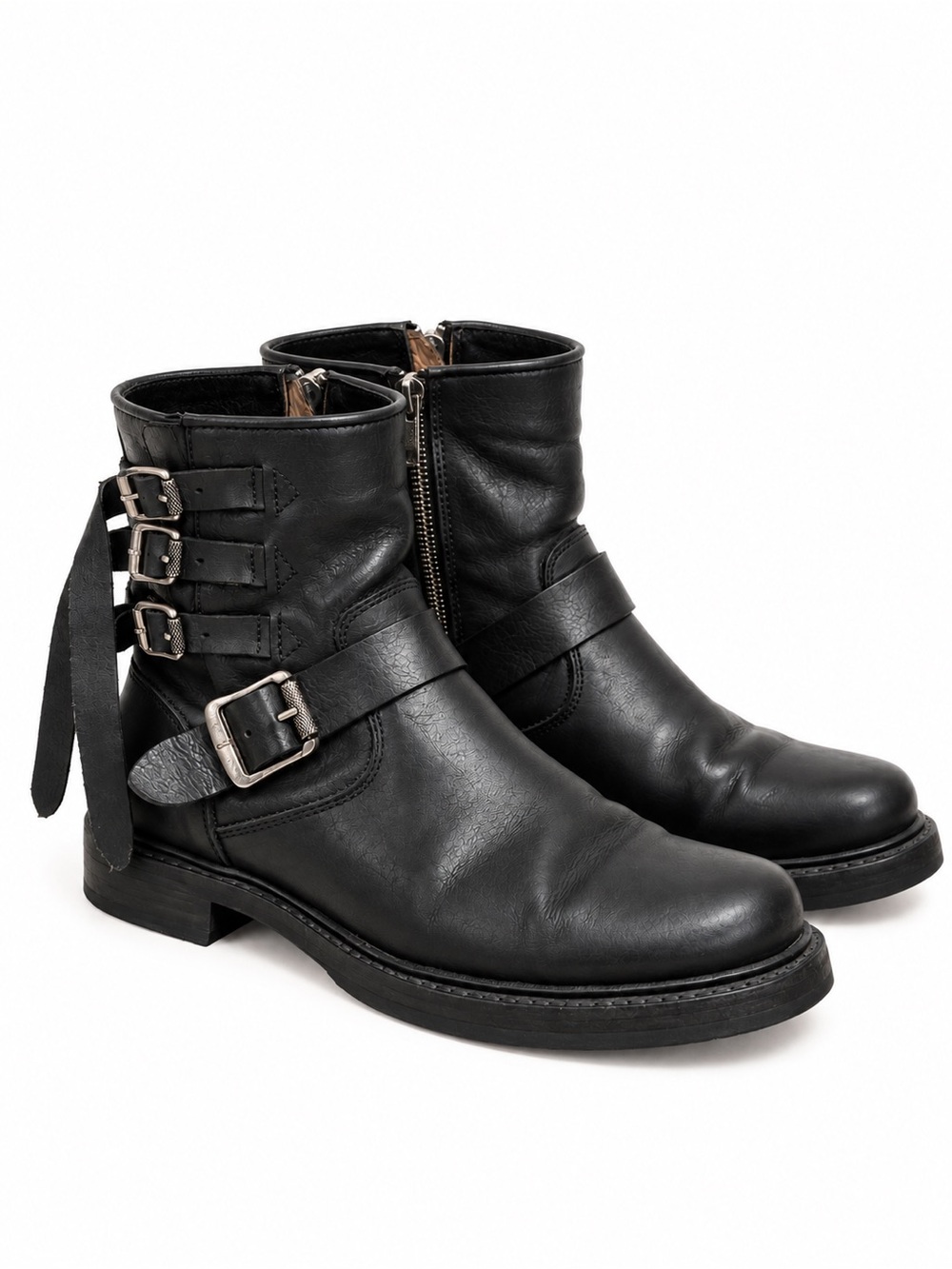 Frye Black Leather Four Buckle Moto Boots